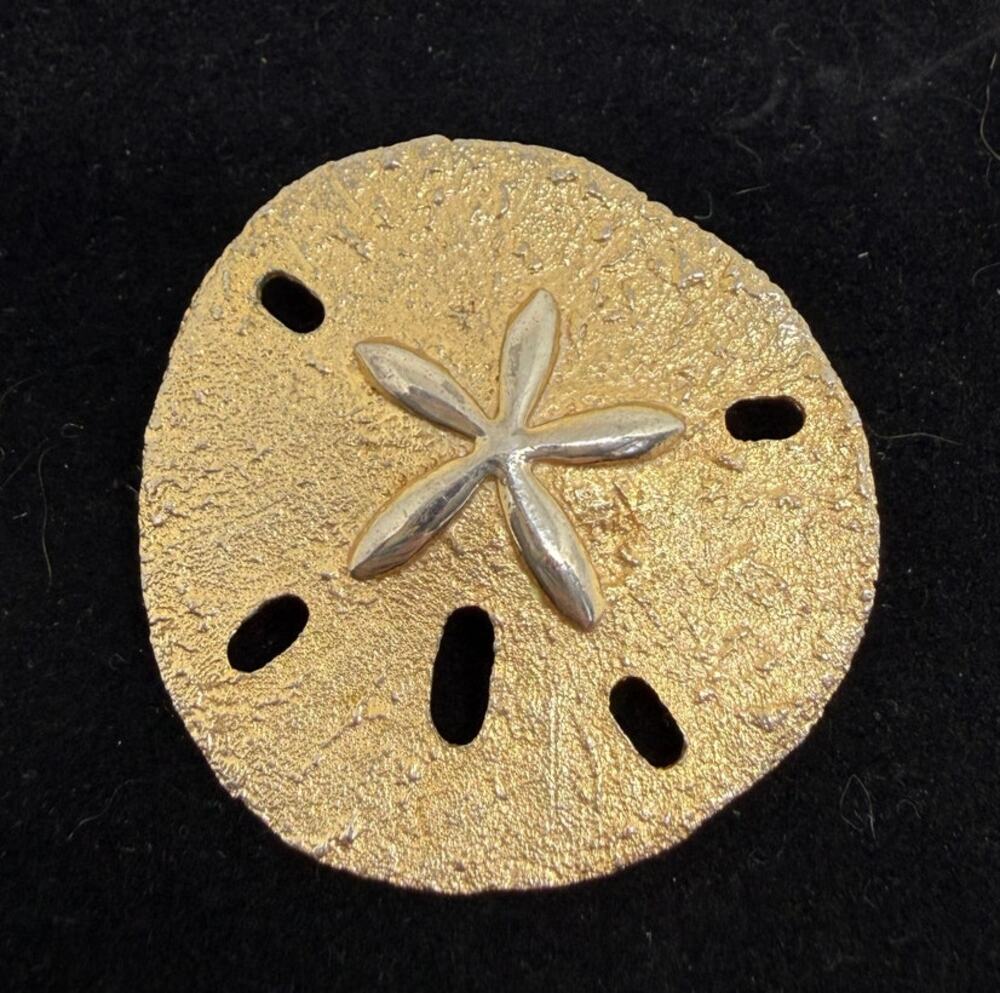 VINTAGE Sand Dollar Brooch Gold Silver Starfish Coastal Statement Jewelry Pin 3D